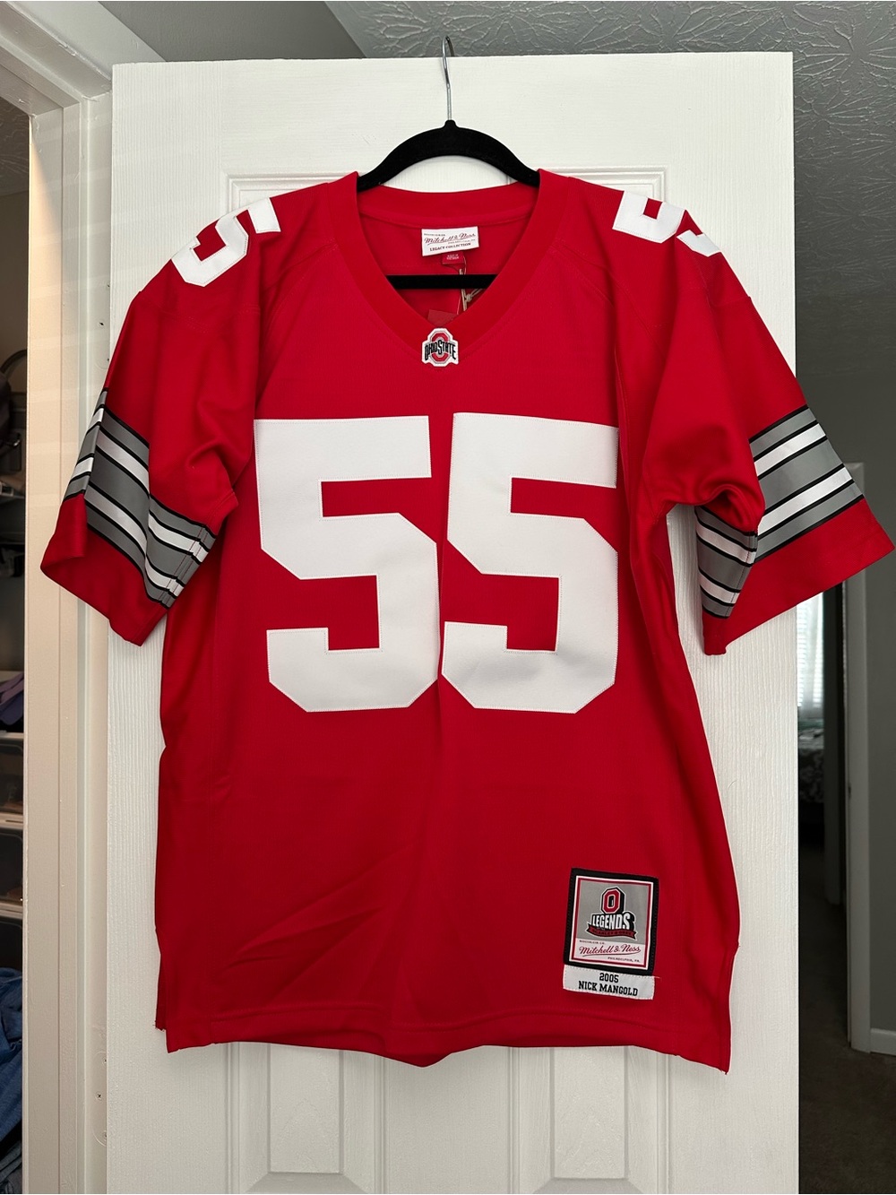 Mitchell & Ness Ohio State #55 Red and White Football Jersey